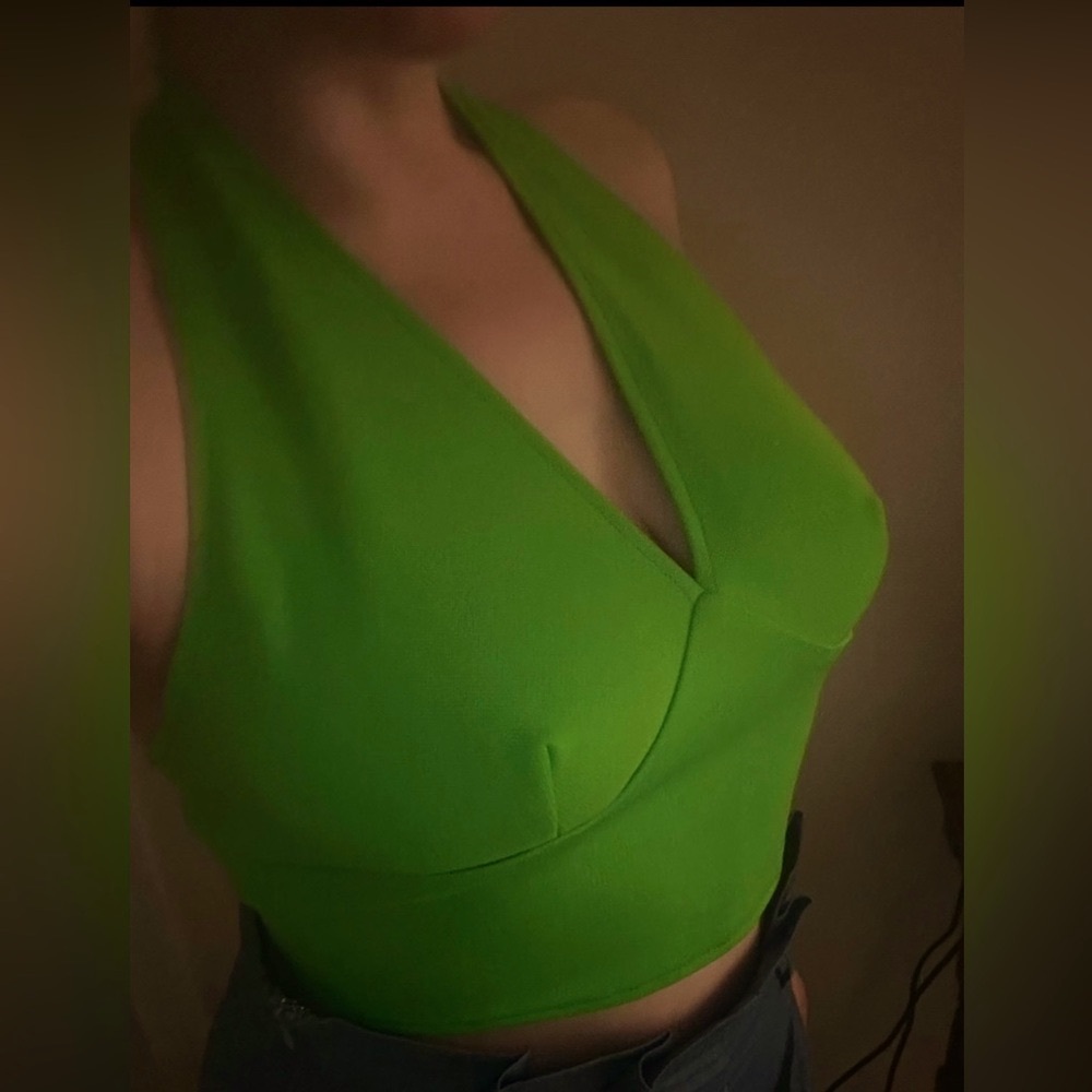 Vintage 70s Lime Green Bullet Bra Style Halter Top